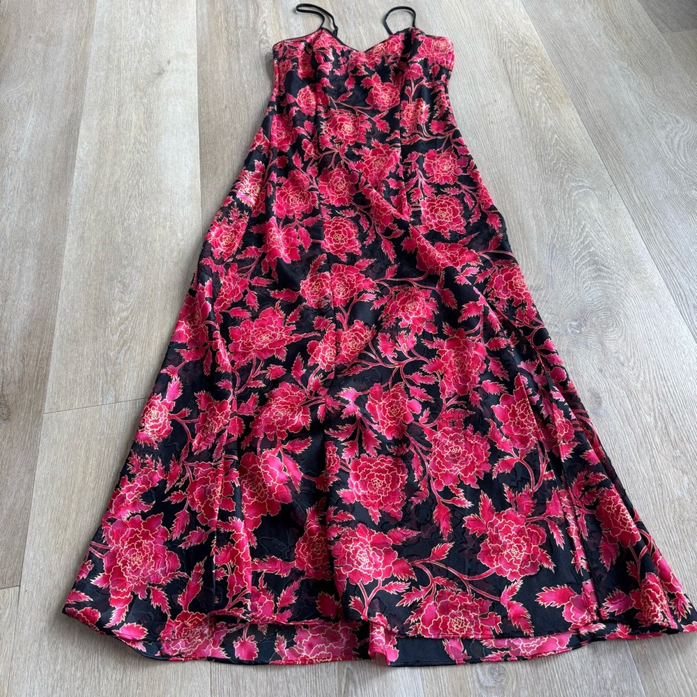 Victorias Secret Black Slip Dress with Red Floral Print